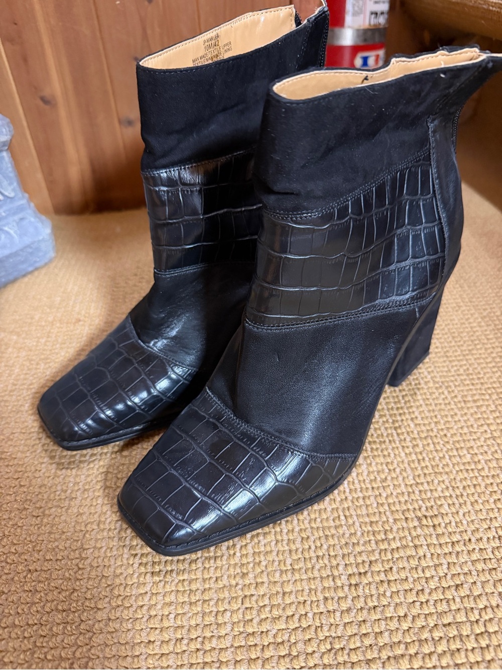 Jessica Simpson Black Croc-Embossed Square Toe Block Heel Ankle Boots